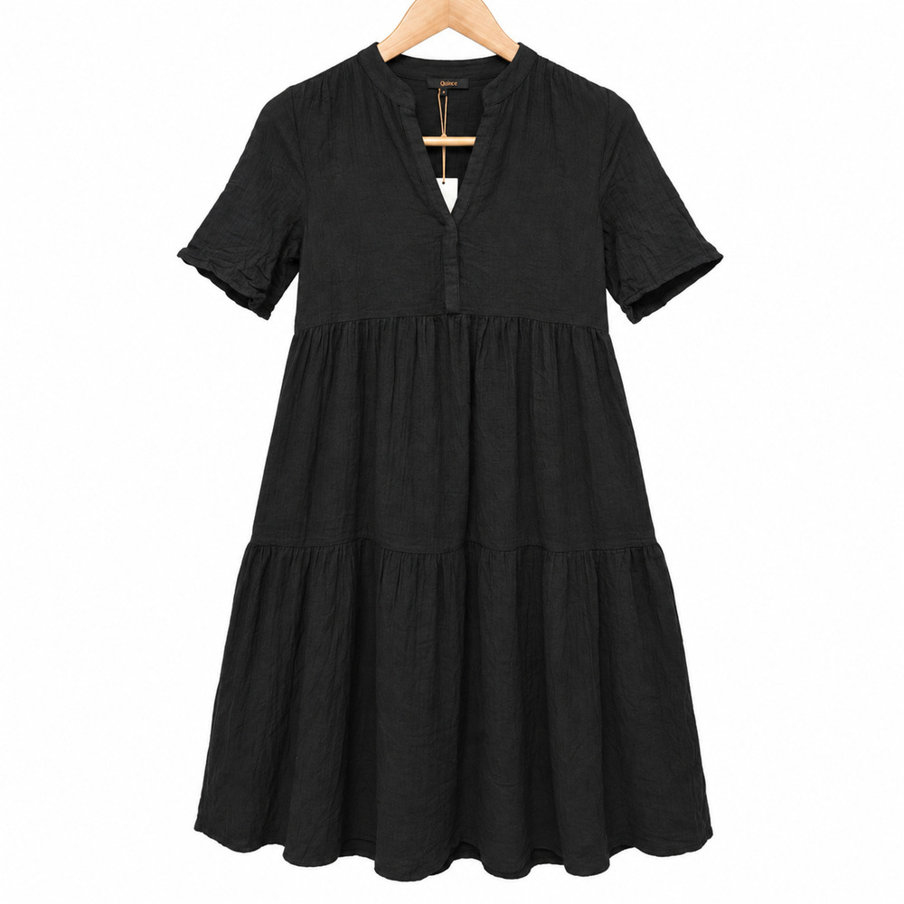 Quince Tiered Gauze Split Neck Midi Dress Womens S Black Organic Cotton NWT
